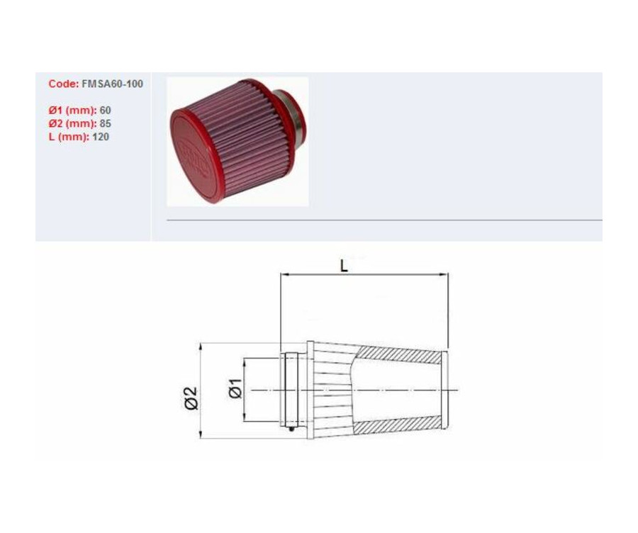 Filtre à air BMC conique Ø60mm - FMSA60-100
