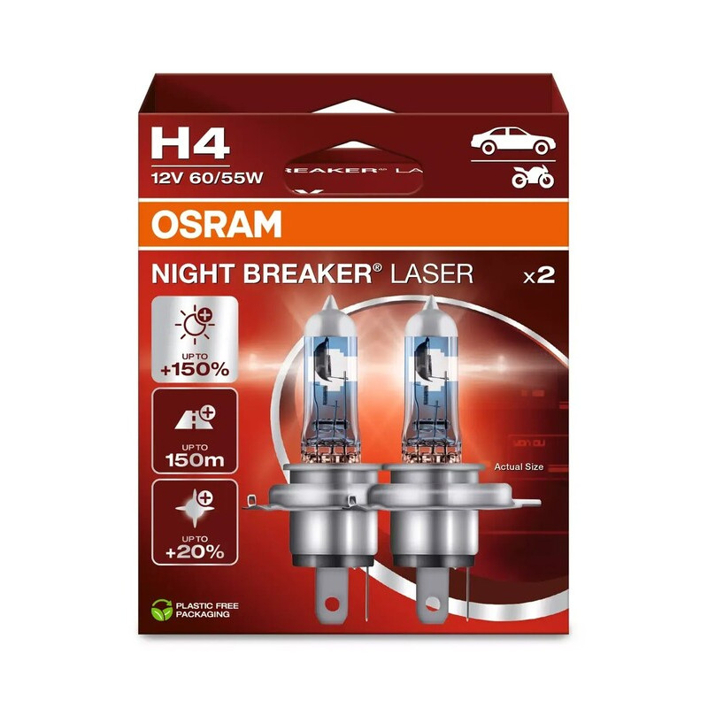 Ampoules OSRAM H4 Night Breaker Laser 12V 60/55W P43t-38 - par paire